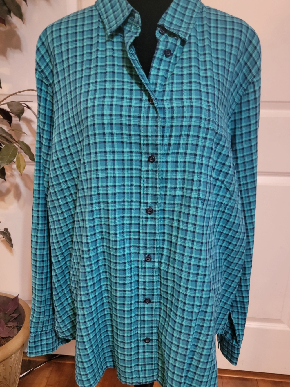 St. John's Bay Teal and Black Plaid Button-Down Shirt